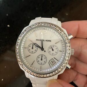 Michael Kors MK-5079 runway chronograph watch- white with crystal bezel
